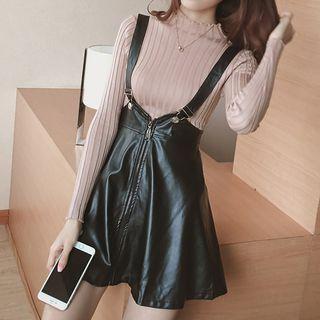 Set: Mock Neck Long Sleeve Knit Top + Faux Leather Suspender Skirt