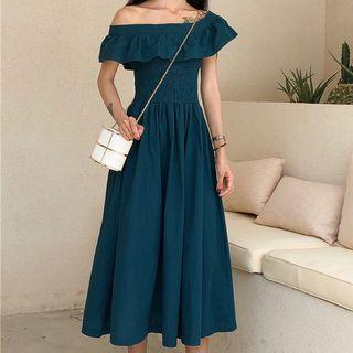 Short-sleeve Off Shoulder A-line Midi Dress Blue - One Size