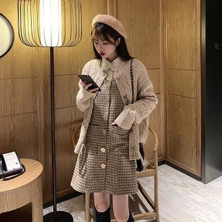 Mock Two-piece Plaid Long-sleeve Dress / Cable-knit Cardigan
