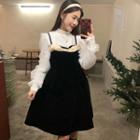 Retro High-waist Spaghetti-strap Dress / Mock-neck Mesh Long-sleeve Top