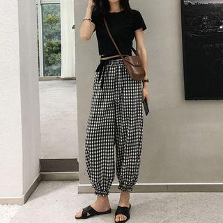 Set: Short Sleeve Plain T-shirt + Gingham Harem Pants