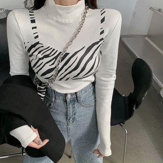 Long-sleeve Mock-neck Zebra Pattern Mock Two Piece Top