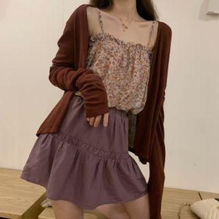 Floral Camisole Top / Plain Long-sleeve Cardigan