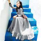 Checked Lace Trim Long-sleeve Midi A-line Dress / Harness