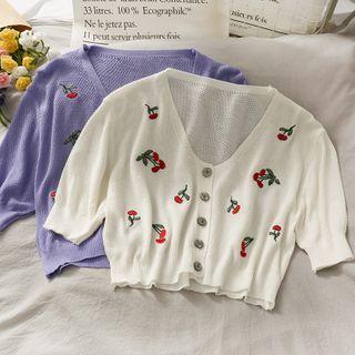 Cherry-embroidered Cropped Light Knit Top