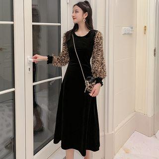 Long-sleeve Leopard Print Paneled Feathered A-line Midi Dress