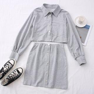 Set: Long-sleeve Cropped Shirt + High-waist Pencil Skirt
