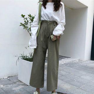 Plain Long-sleeve T-shirt / Plain Wide-leg Pants