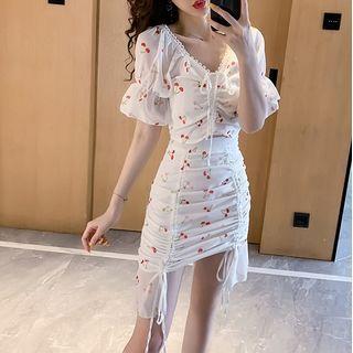 Set: Short-sleeve Print Ruffled Top + Ruched Skirt