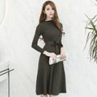 Tie Waist Knitted Long-sleeve A-line Dress