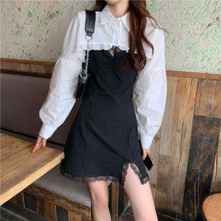 Spaghetti Strap Lace Trim Dress / Crop Shirt