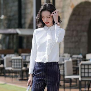 Pinstriped Blazer / Pinstriped Straight-cut Pants / Ruffle Blouse