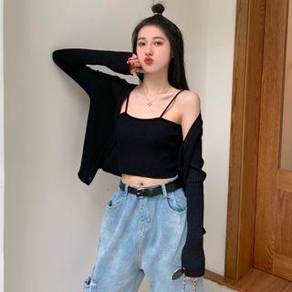 Set: Cropped Knit Camisole + Cardigan