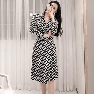 Long-sleeve Pattern Midi A-line Wrap Dress