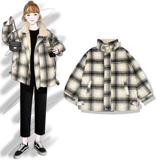 Plaid Zip Jacket Khaki - One Size