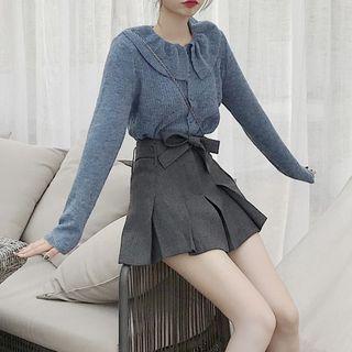 Set: Collared Knit Top + Pleated Mini A-line Skirt