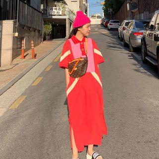 Color Block Elbow-sleeve Midi Polo Dress