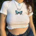 Long-sleeve Butterfly Print Cropped Top