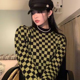 Long-sleeve Check Knit Top Green - One Size