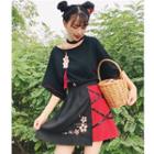 Elbow-sleeve Choker T-shirt / Embroidered Asymmetrical A-line Skirt