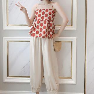 Set: Dotted Camisole Top + Elastic Waist Cropped Pants