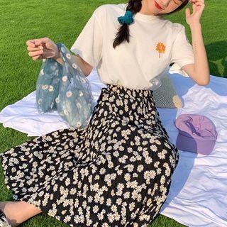 Flower Embroidered Short-sleeve T-shirt / Flower Print Midi A-line Skirt / Spaghetti Strap Midi Shift Dress