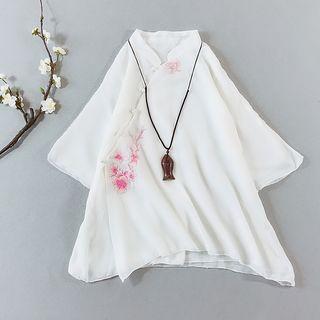 Traditional Chinese Long-sleeve Embroidered Floral Frog Buttoned Top