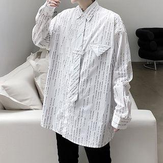 Lettering Tie-neck Oversized Long-sleeve Shirt