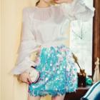 Set: Bell-sleeve Top + Sequined A-line Skirt
