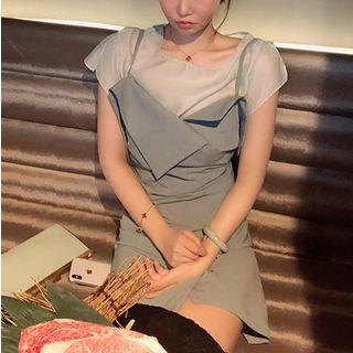 Set: Plain Short-sleeve T-shirt + Asymmetric Spaghetti Strap Dress