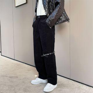 Strap Accent Corduroy Straight Leg Pants