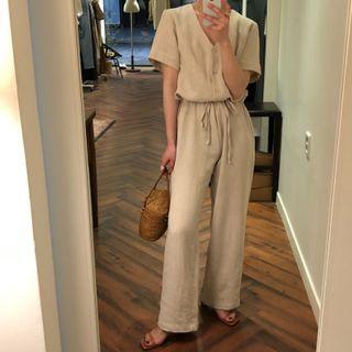 Short-sleeve Tie-waist Jumper Pants Light Khaki - One Size