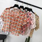 Ruffled-trim Flower-print Mesh Shirt