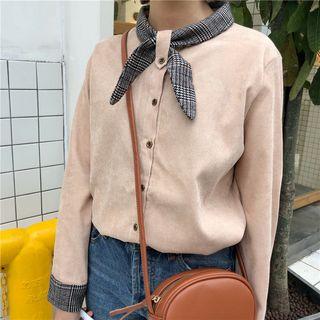 Plaid Panel Tie-neck Corduroy Shirt