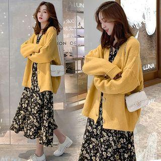 Plain Cardigan / Long-sleeve Floral Midi A-line Dress