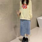 Flower Print Pullover / Irregular Hem Denim Midi Straight-fit Skirt