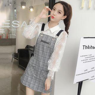 Set: Lace Panel Shirt + Plaid Mini Pinafore Dress