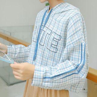 Plaid Cropped Hoodie Blue - One Size
