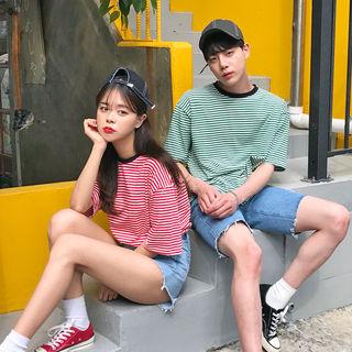 Couple Contrast-neckline Striped T-shirt
