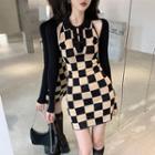 Long-sleeve Checkerboard Mini Sheath Dress