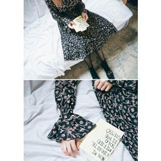 Tie-neck Gathered-waist Floral Chiffon Dress
