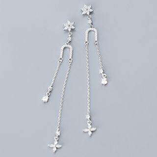 925 Sterling Silver Rhinestone Flower Fringed Earring 1 Pair - S925 Sterling Silver - One Size