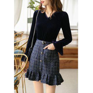Flared-sleeve Mock Two-piece Plaid Mini A-line Dress