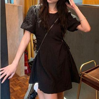 Puff-sleeve Cutout Drawstring A-line Dress Black - One Size