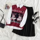 Deer Sweater Vest / Plain Shirt / Midi A-line Skirt