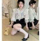 3/4-sleeve Dotted Ruffle Blouse / Plain A-line Mini Skirt