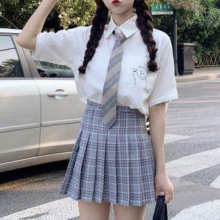 Striped Neck Tie / Short-sleeve Bear Print Shirt / Plaid A-line Skirt / Set