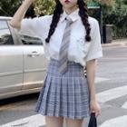 Striped Neck Tie / Short-sleeve Bear Print Shirt / Plaid A-line Skirt / Set
