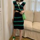 Set: Sleeveless Polo Collar Striped Embroidered Tank Top + Striped A-line Skirt