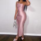 Spaghetti-strap One-shoulder Slit Midi Sheath Dress
